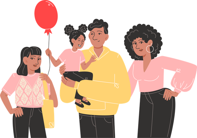 Happy family of father, mother and daughter are standing next to each other  Illustration