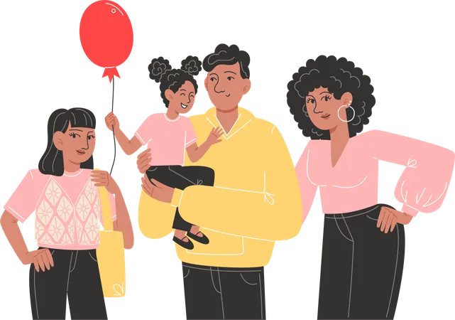 Happy family of father, mother and daughter are standing next to each other  Illustration