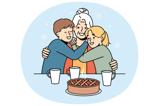 Happy family of grandmother and two grandchildren hugging sitting at table with hot cake and tea  Illustration