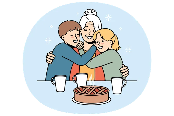 Happy family of grandmother and two grandchildren hugging sitting at table with hot cake and tea  Illustration