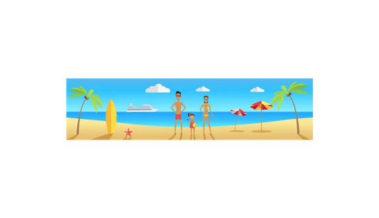 Happy Family On Beach During Vacations Father Mother And Daughter On The Beach With Palm Trees Near The Sea Vector Illustration Illustration