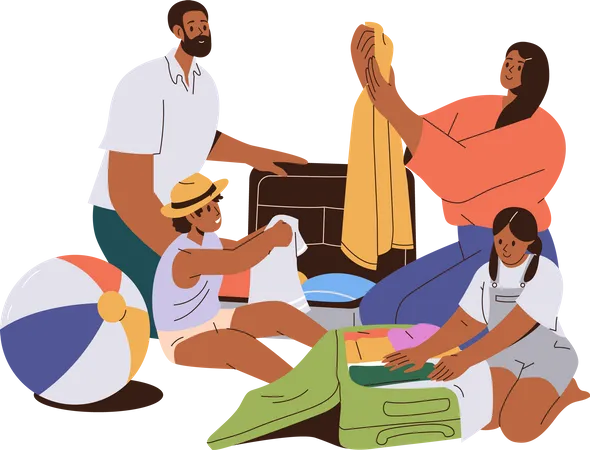Happy Family Couple With Kids Packing Suitcase Luggage Bag Preparing For Travel Or Relocation Vector Illustration Man And Woman With Children Getting Ready For Holiday On Weekend Or Summer Vacation Illustration