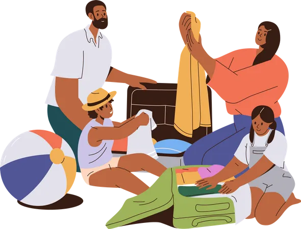 Happy family packing suitcase  Illustration