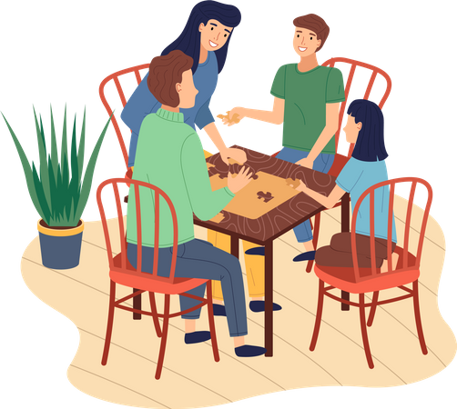Happy family paying board game and spend time at home  Illustration