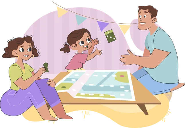 Happy family paying board game and spend time at home  Illustration