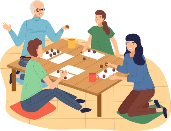 Happy family playing board game  Illustration
