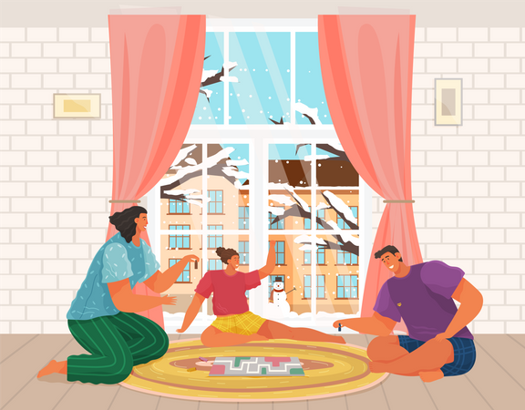 Happy family playing board game  Illustration