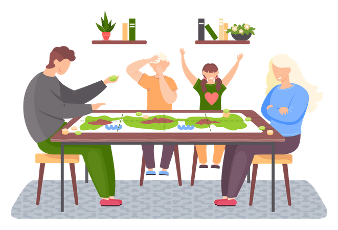 Happy family playing board game  Illustration