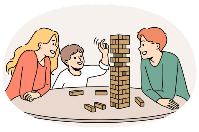 Happy family plays jenga with child enjoying board game and developing fine motor skills in baby  Illustration