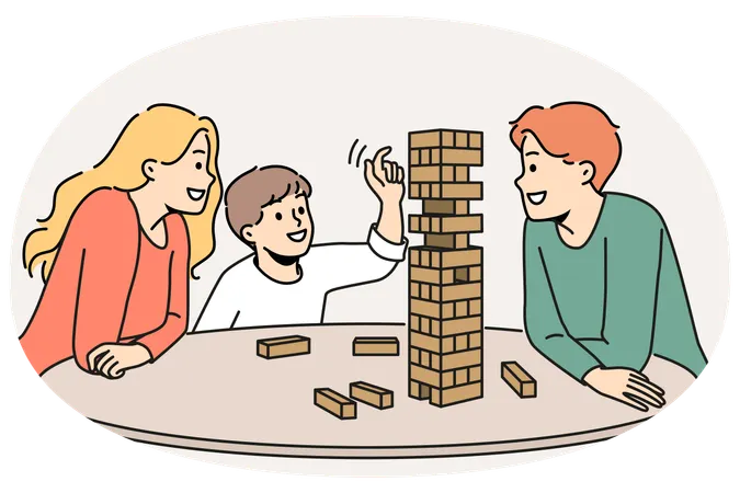 Happy family plays jenga with child enjoying board game and developing fine motor skills in baby  Illustration