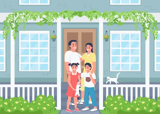 Happy Family Posing On House Patio Flat Color Vector Illustration Spring Season Relatives On Porch Smiling Parents With Children 2 D Cartoon Characters With Residential Home Exterior On Background Illustration