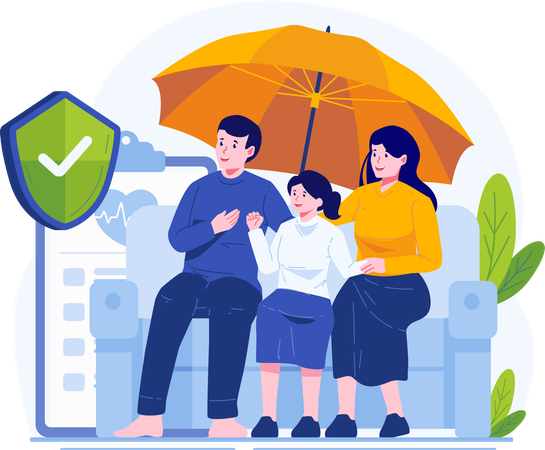 Happy Family Protected by Health and Life Insurance  イラスト