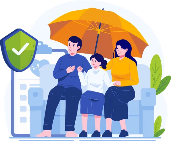 Happy Family Protected by Health and Life Insurance  Illustration