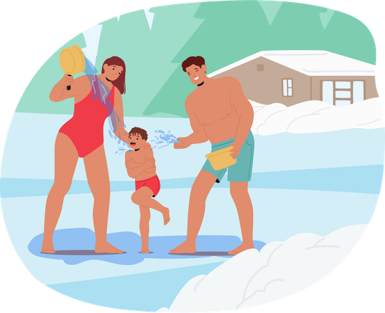 Happy Family Refreshing Ice Bath  Illustration