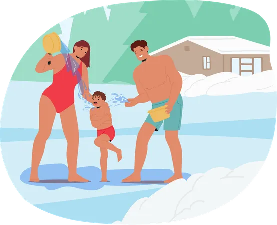 Happy Family Refreshing Ice Bath  Illustration