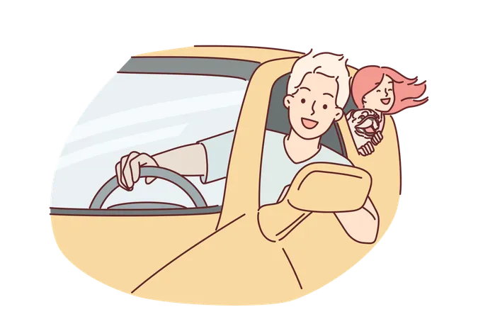 Happy Family Rides In Car Leaning Out Of Windows To Enjoy Summer Trip Together Or Trip To Mall Father And Daughter With Dog Are Driving Car On Road Going To Camping During Holidays Illustration
