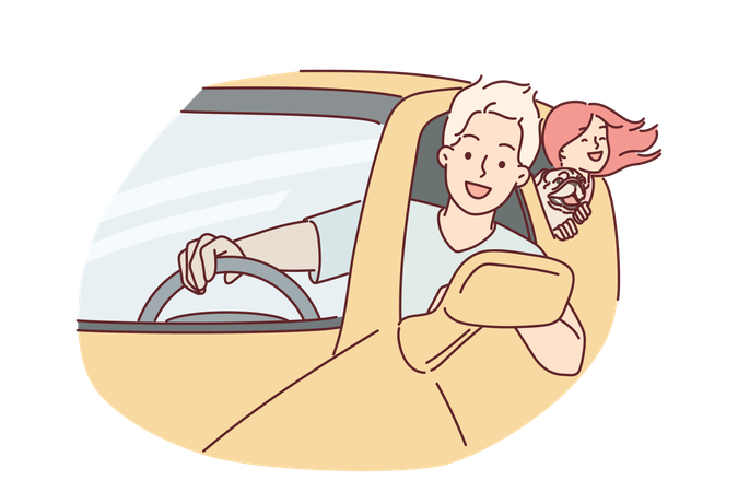 Happy family rides in car  Illustration