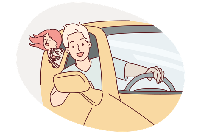 Happy family rides in car leaning out of windows to enjoy summer trip together  Illustration