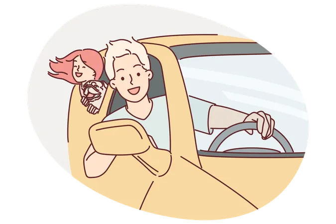 Happy family rides in car leaning out of windows to enjoy summer trip together  Illustration