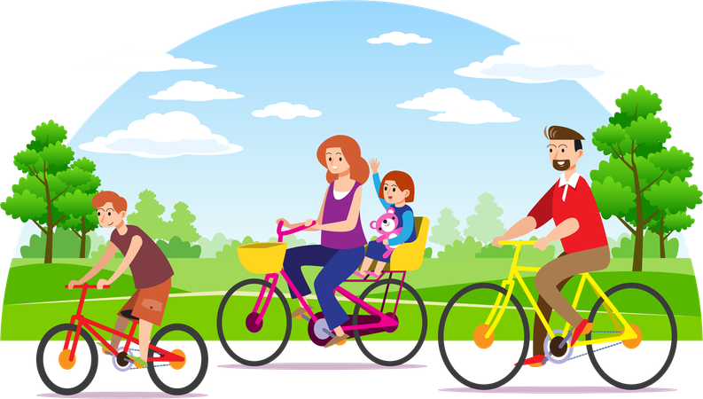 Family riding bicycles together on holiday  イラスト
