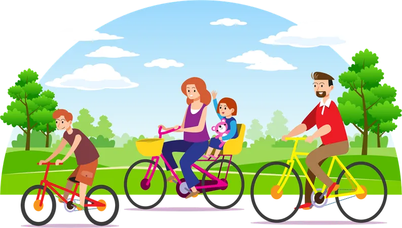 Family riding bicycles together on holiday  Illustration