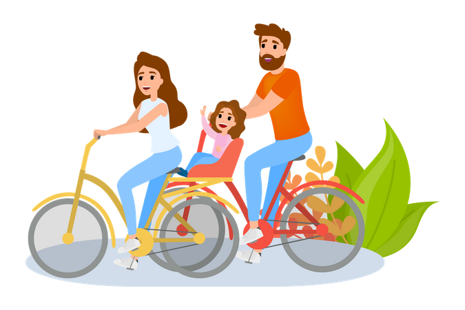 Happy family riding bike in city park Illustration