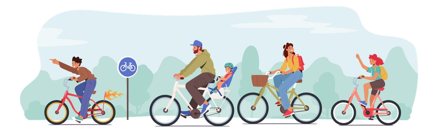 Happy Family Riding Bikes Illustration
