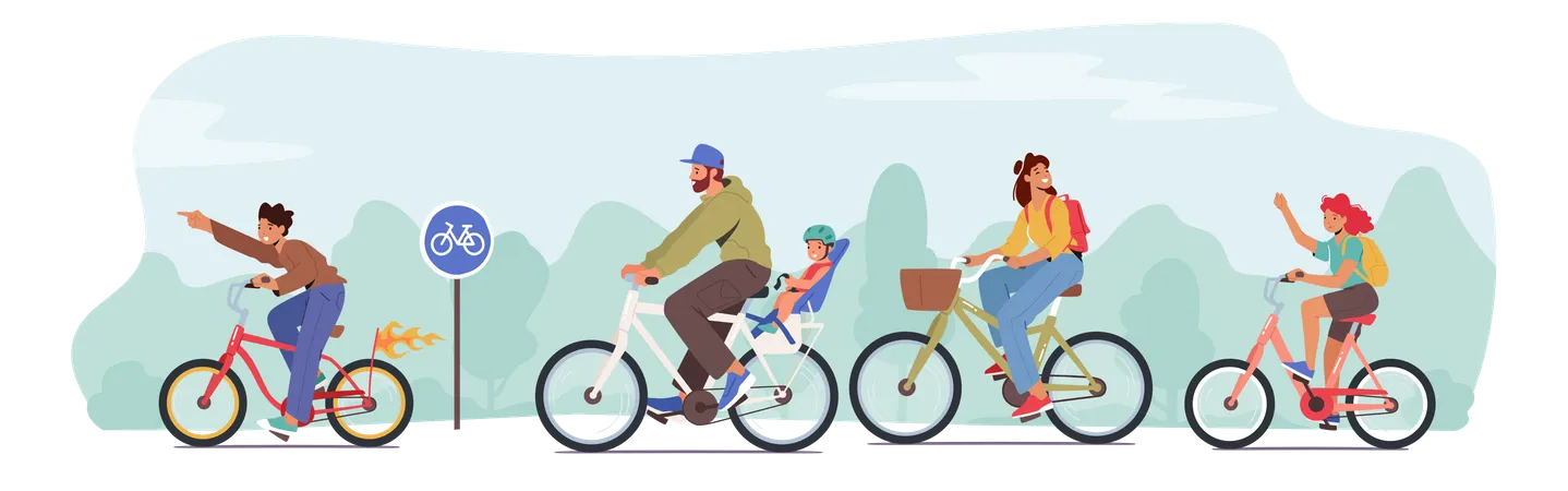Happy Family Riding Bikes Illustration