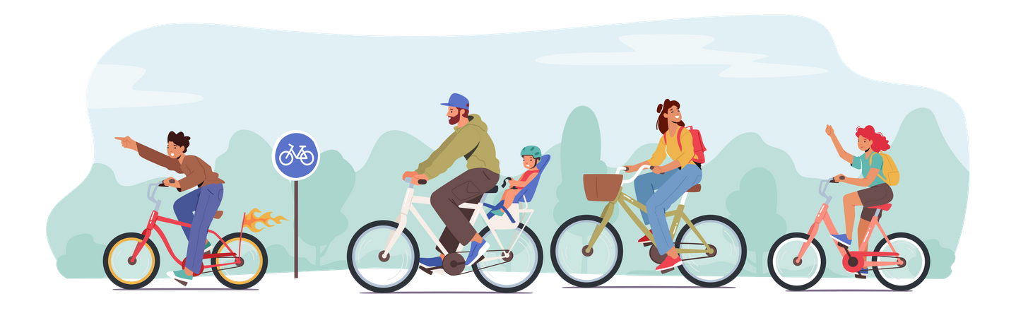 Happy Family Riding Bikes  Illustration