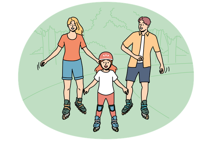 Happy family roller skating in park enjoying joint activity on nature in warm summer weather  Illustration
