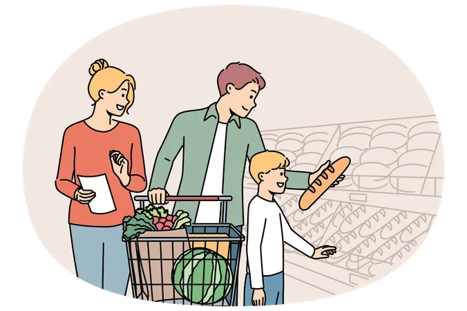 Happy family shopping in supermarket while standing with trolley near shelves with fresh bread  Illustration