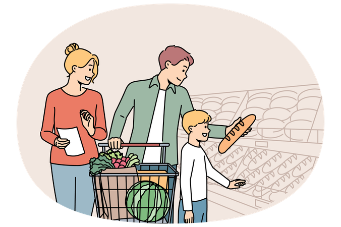 Happy family shopping in supermarket while standing with trolley near shelves with fresh bread  Illustration