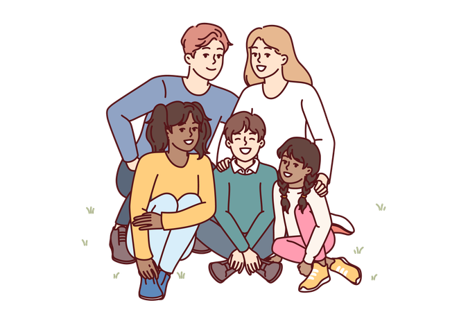 Happy family sits in garden  Illustration