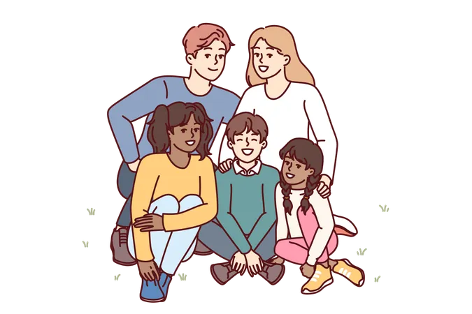 Happy Family Couple With Multiracial Children Sitting Together On Lawn In Park And Smiling Looking At Camera Man And Woman With Adopted Children Rejoice In Presence Of Large Family Illustration