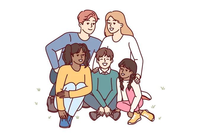 Happy family sits in garden  Illustration