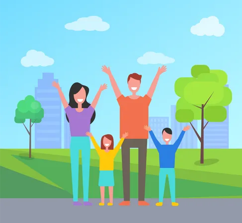 Happy Family Spend Time Together Mother Father Daughter And Son Rise Hands Up Greeting Everyone Smiling Citizens In City Park With Buildings Vector Illustration