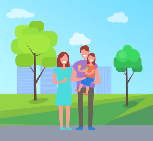 Happy Family Spend Time Togeter Couple And Child Walk Outdoors Vector People Parents And Daughter On Fathers Hands In City Park Near Skyscrapers Illustration