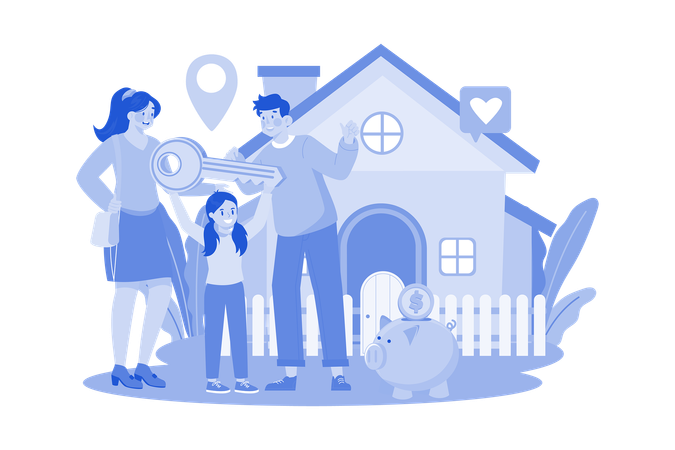 Happy Family Standing In Front Of A New House  Illustration