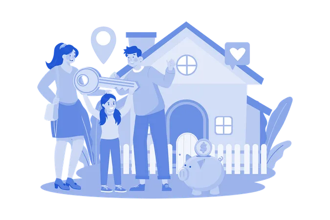 Happy Family Standing In Front Of A New House  Illustration