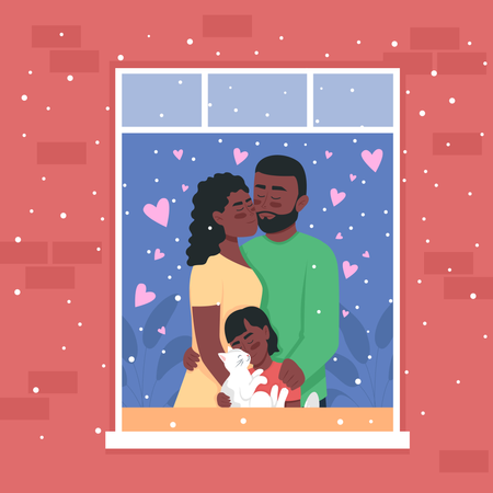 Happy family standing in home window  Illustration