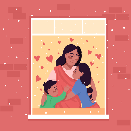 Happy family standing in home window  Illustration