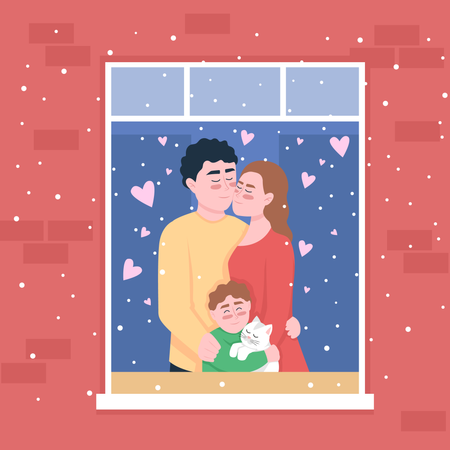 Happy family standing in home window  Illustration