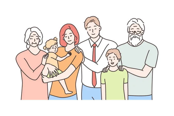 Family Portrait Motherhood Fatherhood Childhood Love Concept Happy Father Mother Grandmother Grandfather And Children Kids Son Daughter Standing Looking At Camera Three Generations Together Illustration