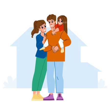 Family In Front Of House Vector Happy House Child Lifestyle Couple New Man Mother Outside Father Woman Family In Front Of House Character People Flat Cartoon Illustration Illustration