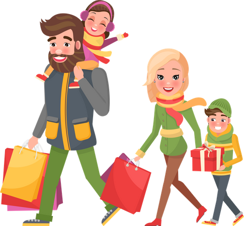 Happy Family Together doing Christmas Shopping  Illustration