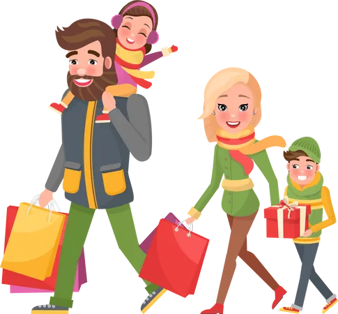Happy Family Together doing Christmas Shopping  Illustration