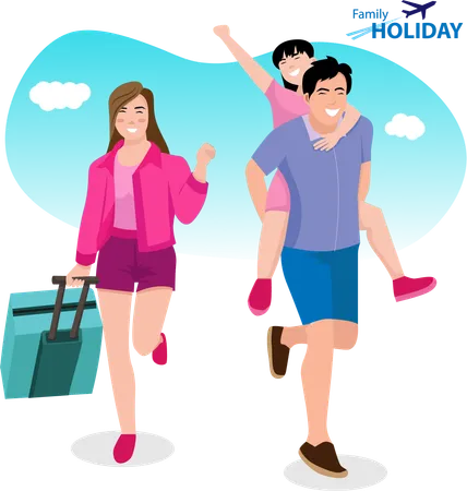 Happy Family Travel Together Parents With Children At The Airport Ready For Vacation Flat Vector Illustration Illustration