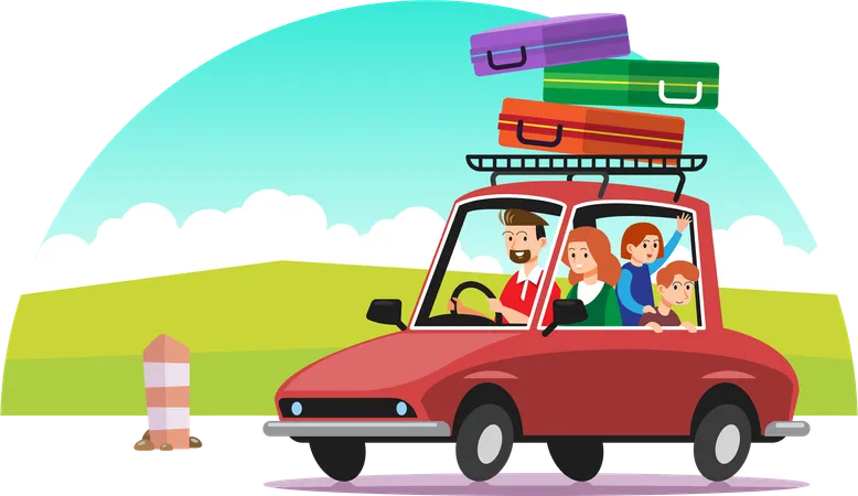Family traveling by car  Illustration