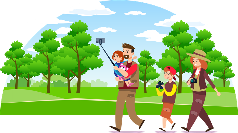 Family trekking in forest  Illustration