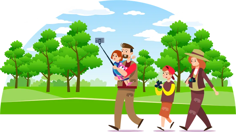 Family trekking in forest  Illustration